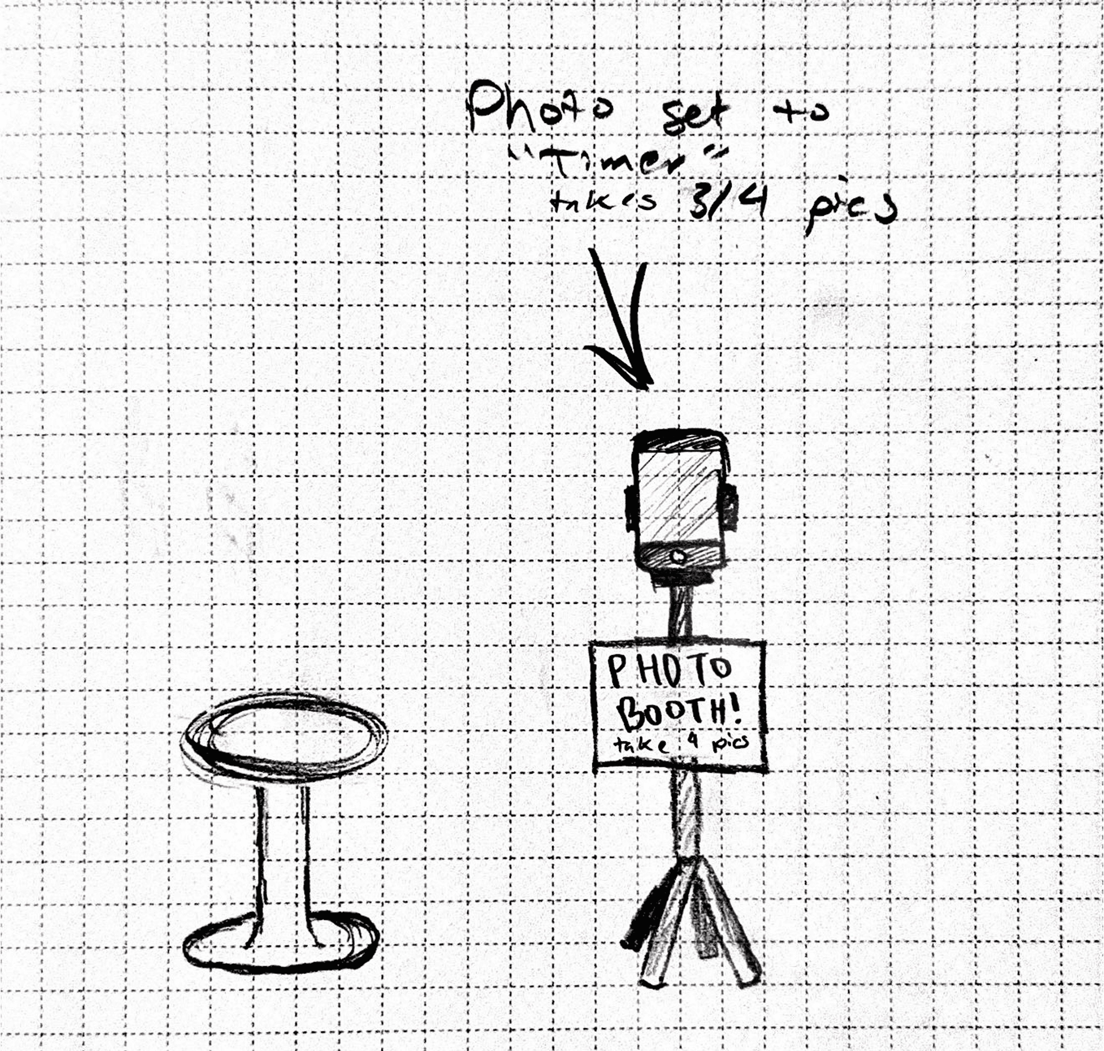 Hand sketch of a photobooth with a phone on a tripod set to timer and a stool
