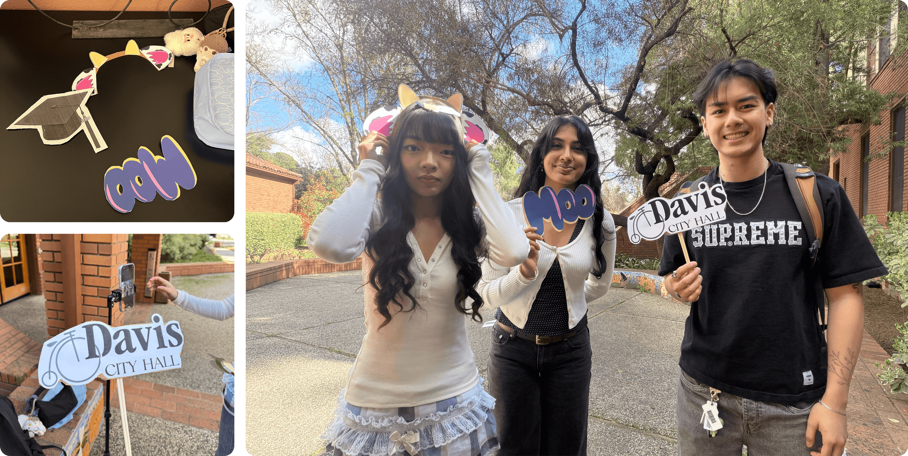 Handmade photobooth props and residents posing with Davis City Hall signs during testing