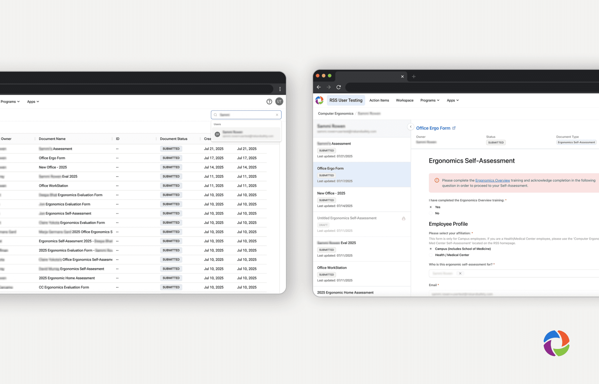 Two screens from the Risk and Safety Solutions document search prototype