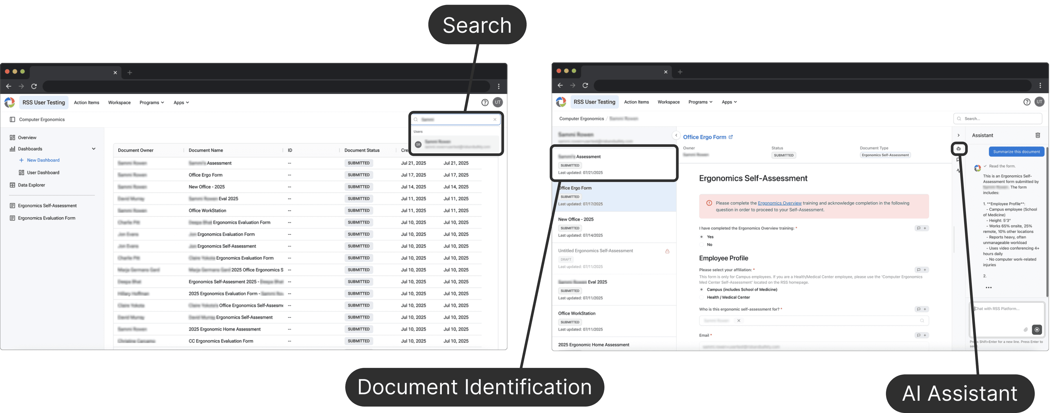 Prototype screens annotated with the three tasks: Search, Document Identification, and Tool Discovery